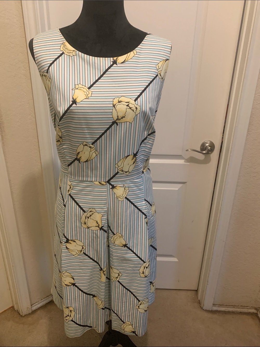 Talbots Striped Floral Sleeveless Dress in Light Blue and Yellow